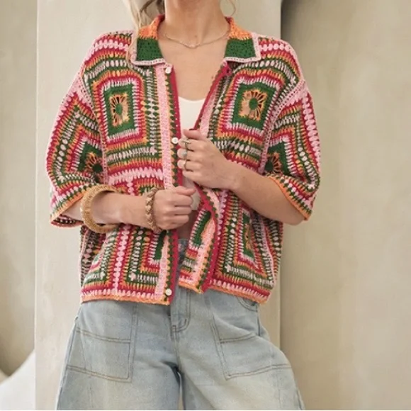 Blue B Collection Multi Color Short sleeve Crochet Granny Square sweater - Picture 2 of 8